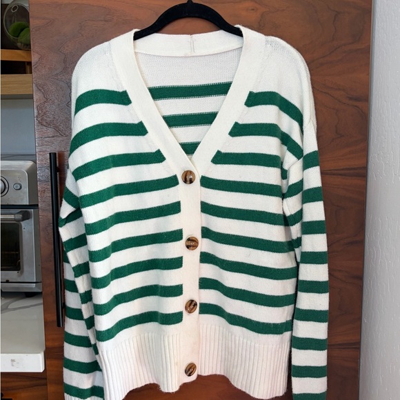 Madewell Sweaters - Green and White Striped V-Neck Button Cardigan